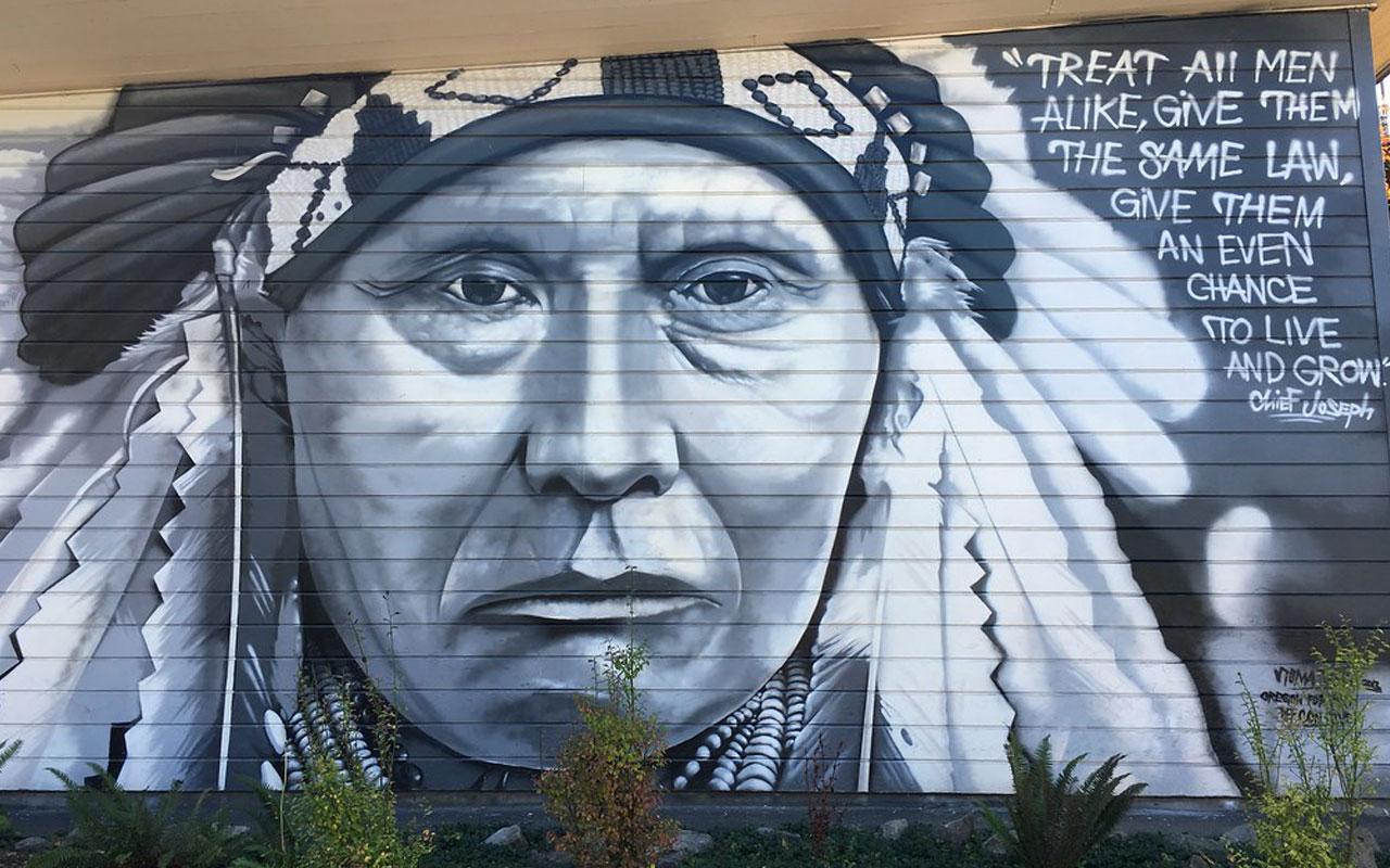 A mural of Chief Joseph by Toma Villa, an enrolled member of the Yakama Indian Nation, located in Arbor Lodge Park in North Portland.