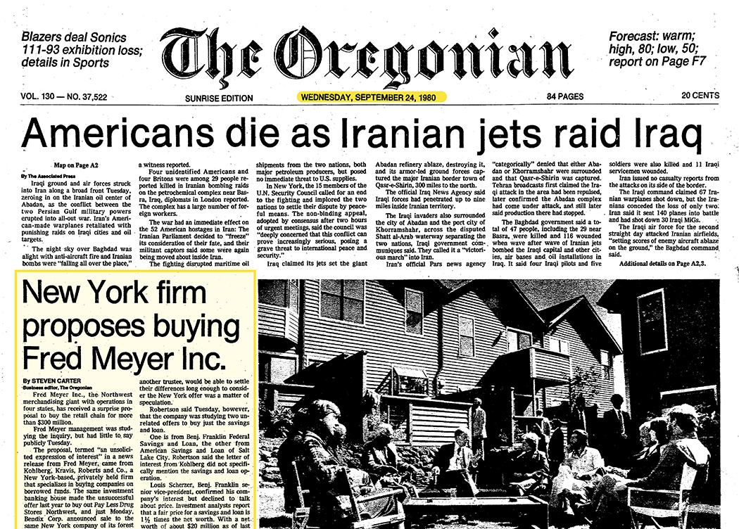 Picture of old newspaper headline about sale of Fred Meyer stored